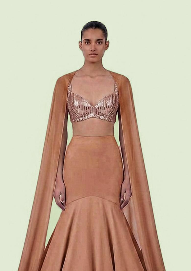 Light Brown Sequin Net Lehenga Set - Indya