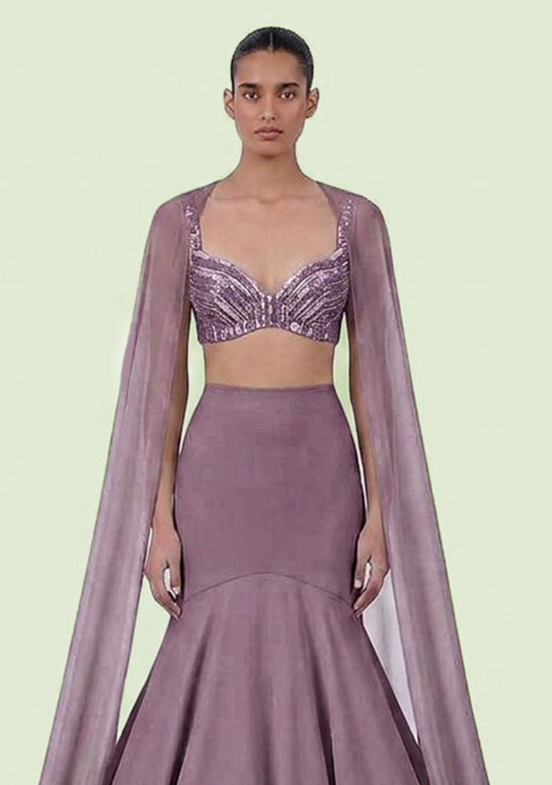 Mauve Sequin Net Lehenga Set - Indya