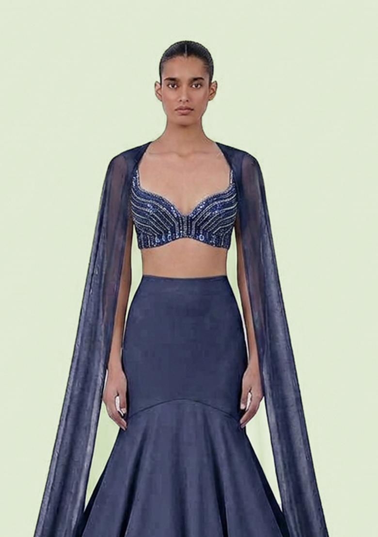 Dark Blue Sequin Net Lehenga Set - Indya