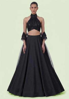 Black Sequin Net Lehenga Set