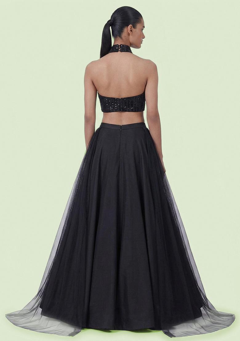 Black Sequin Net Lehenga Set - Indya