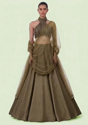 Brown Sequin Net Lehenga Set
