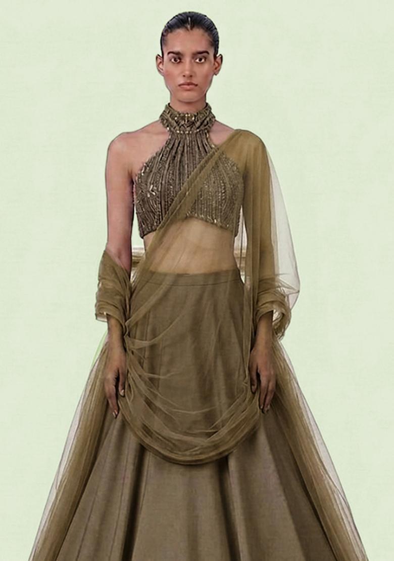 Brown Sequin Net Lehenga Set - Indya