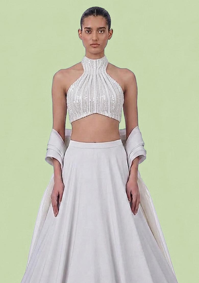 White Sequin Net Lehenga Set - Indya