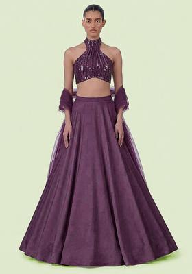 Purple Sequin Net Lehenga Set
