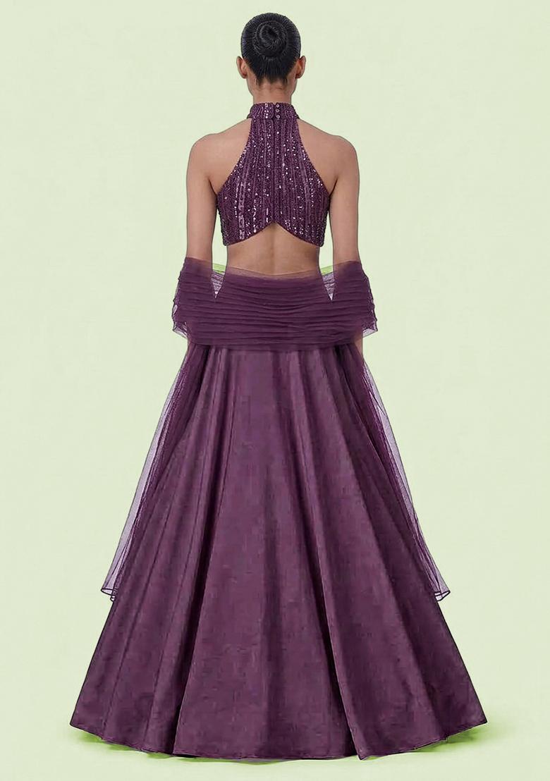 Purple Sequin Net Lehenga Set - Indya