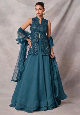 Deep Teal Mirror Work Viscose Lehenga Set