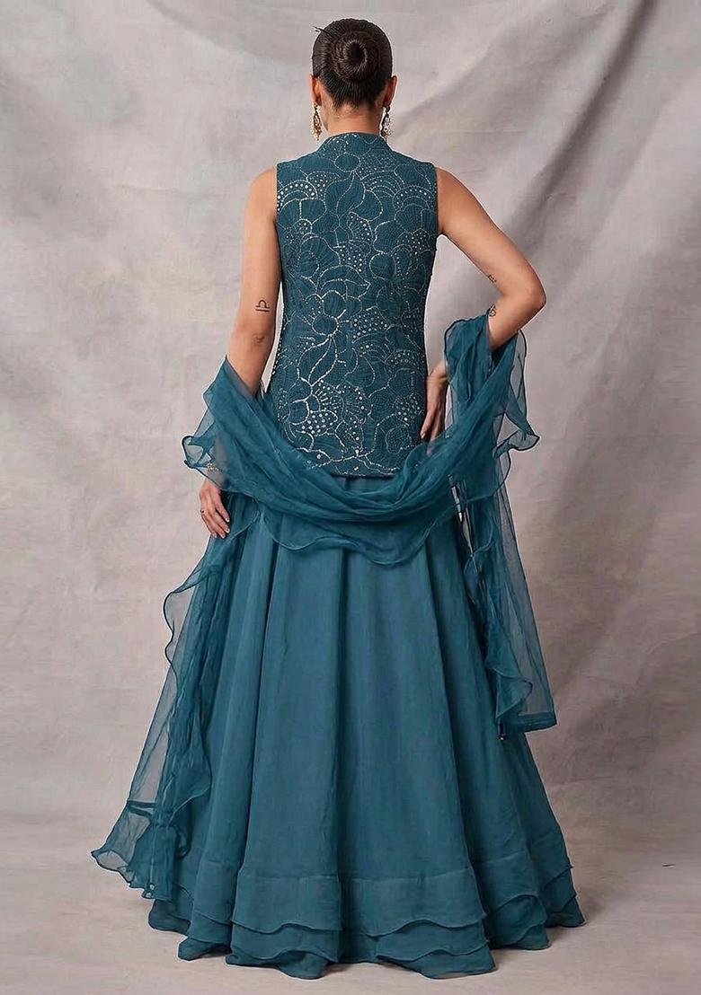 Deep Teal Mirror Work Viscose Lehenga Set - Indya