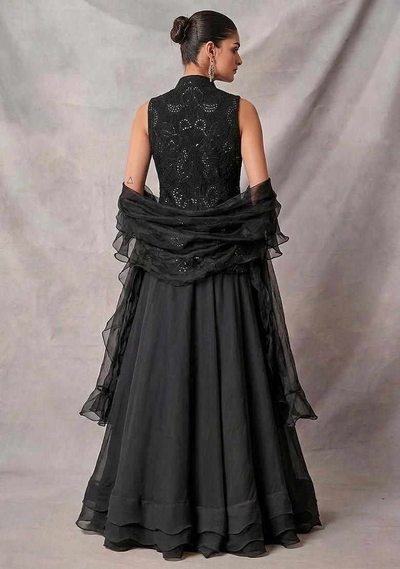 Black Mirror Work Viscose Lehenga Set - Indya