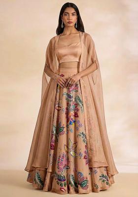 Beige Printed Organza Lehenga Set
