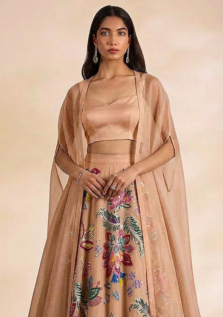 Beige Printed Organza Lehenga Set - Indya