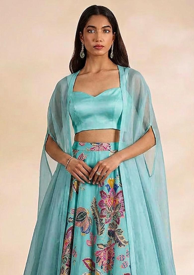 Light Blue Printed Organza Lehenga Set - Indya