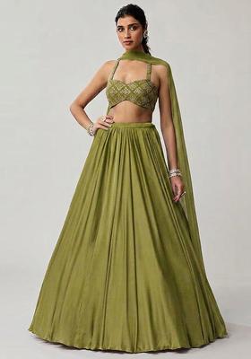 Green Embroidered Crepe Lehenga Set