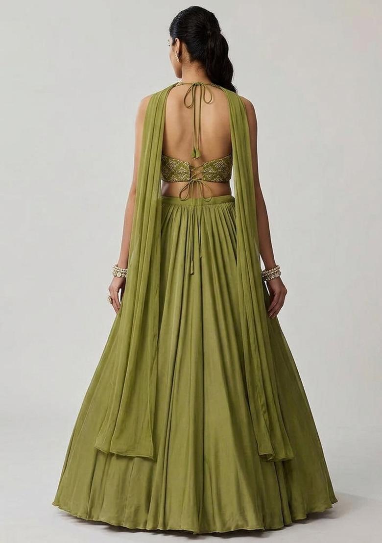 Green Embroidered Crepe Lehenga Set - Indya