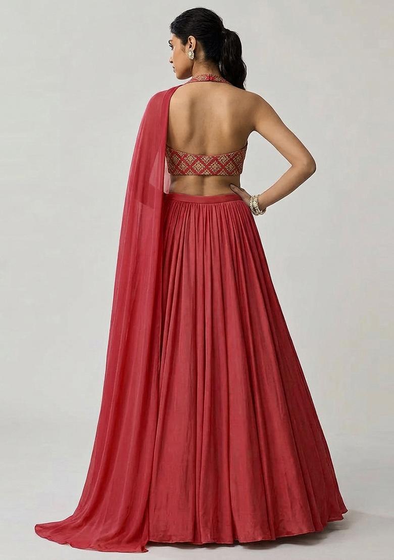 Pink Embroidered Crepe Lehenga Set - Indya