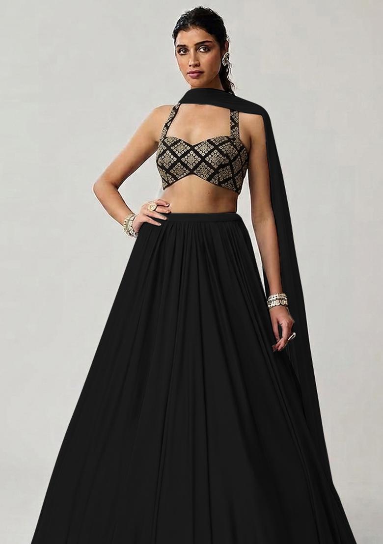Off White Embroidered Crepe Lehenga Set - Indya