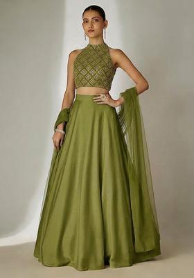 Green Embroidered Crepe Lehenga Set