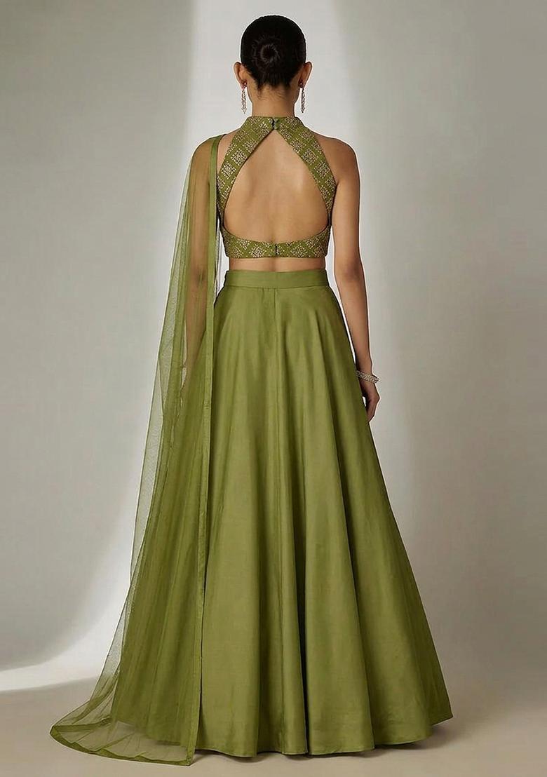Green Embroidered Crepe Lehenga Set - Indya