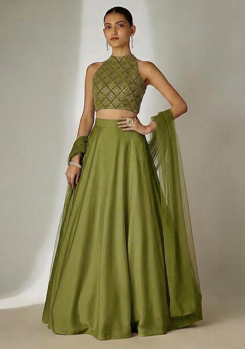 Green Embroidered Crepe Lehenga Set