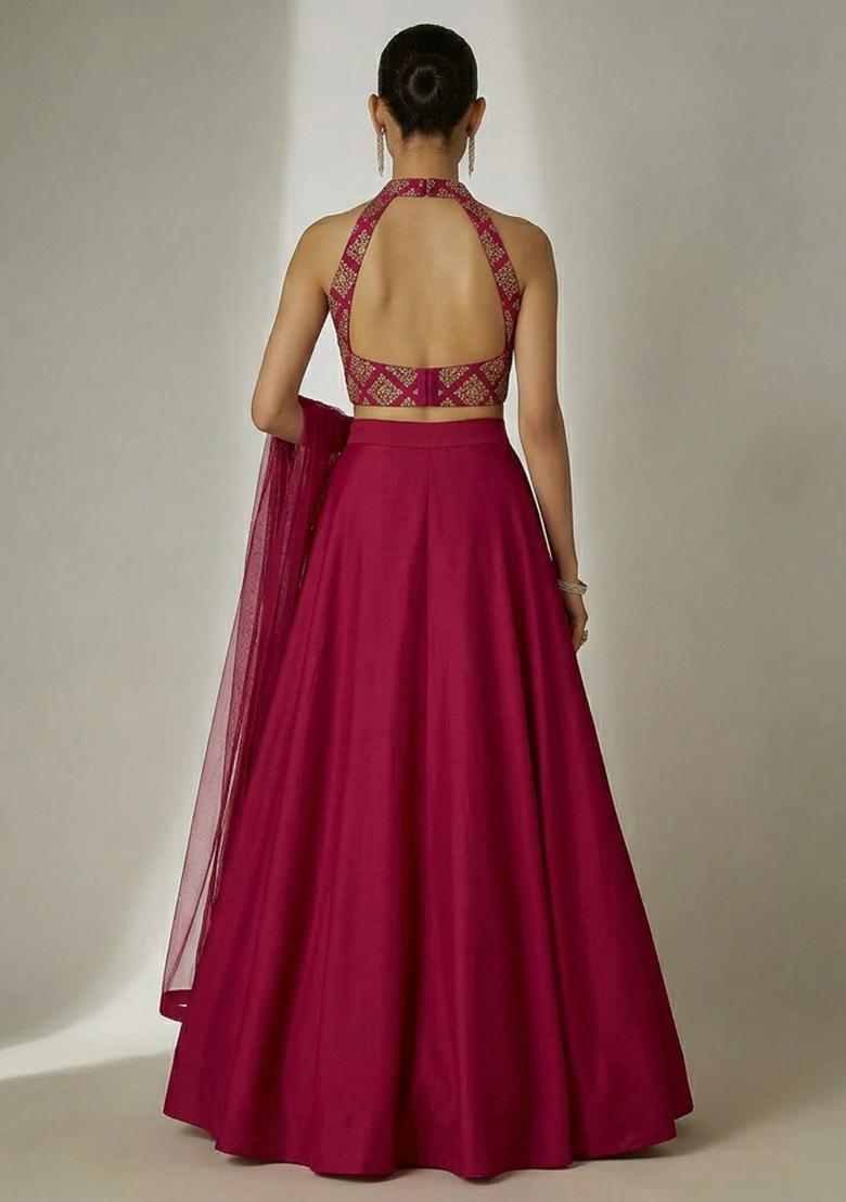 Magenta Embroidered Crepe Lehenga Set - Indya
