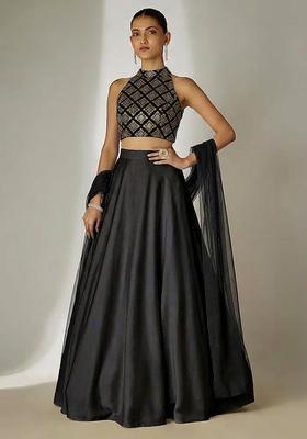 Black Embroidered Crepe Lehenga Set