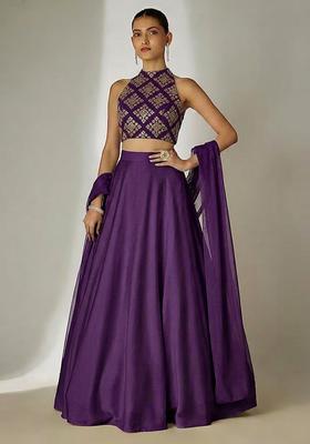 Dark Purple Embroidered Crepe Lehenga Set