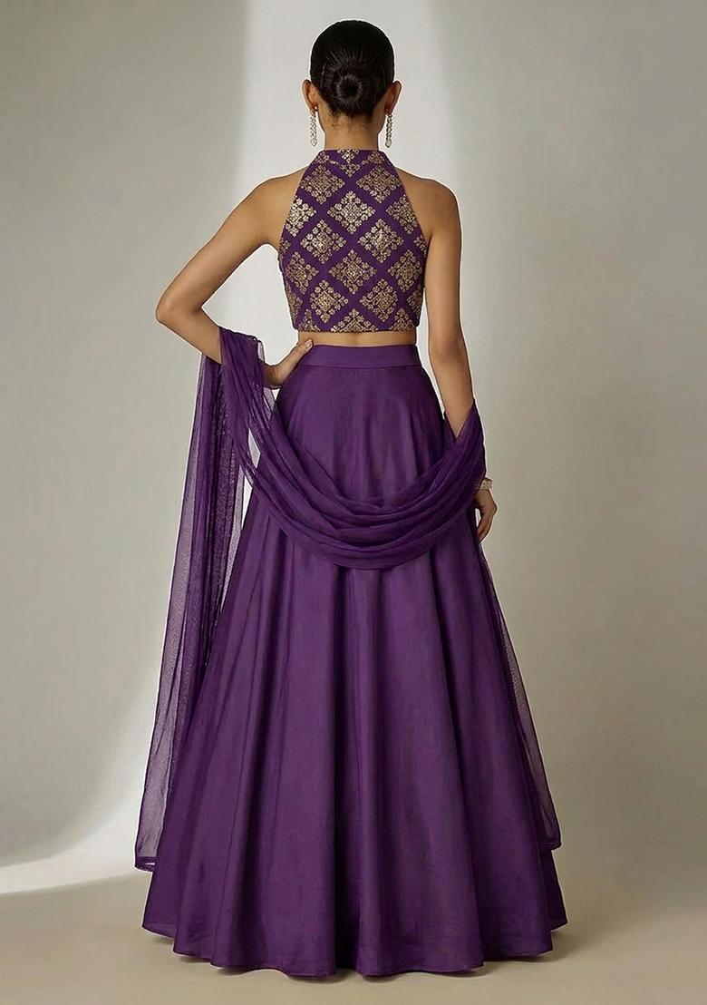 Dark Purple Embroidered Crepe Lehenga Set - Indya