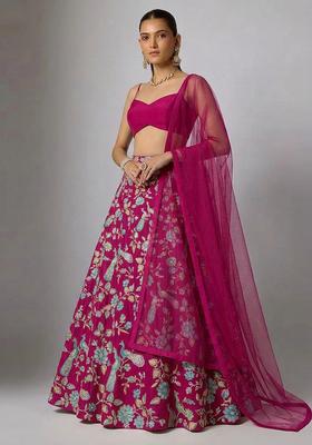 Dark Pink Printed Crepe Lehenga Set