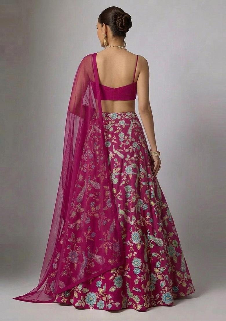 Dark Pink Printed Crepe Lehenga Set - Indya