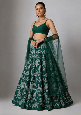 Dark Green Printed Crepe Lehenga Set