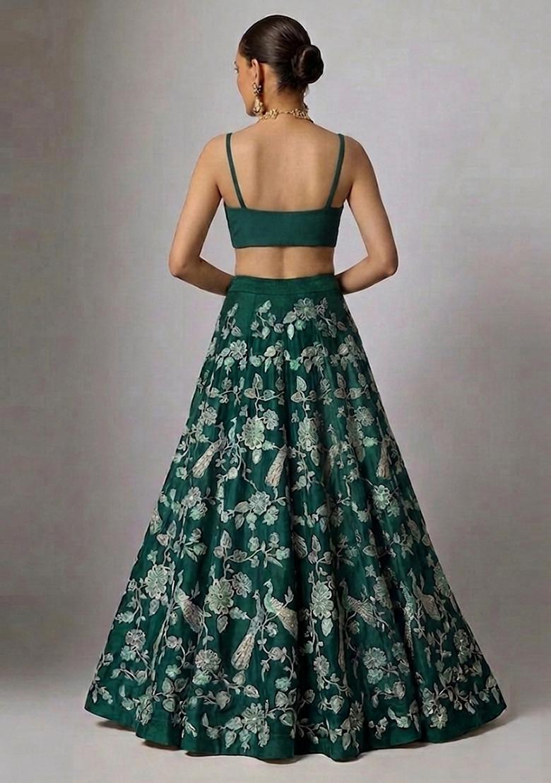 Dark Green Printed Crepe Lehenga Set - Indya