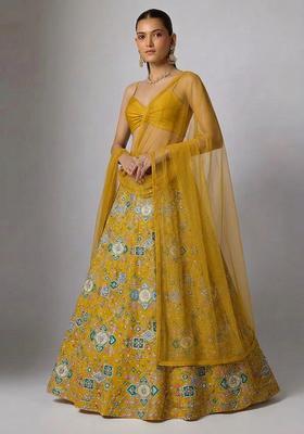 Yellow Printed Crepe Lehenga Set