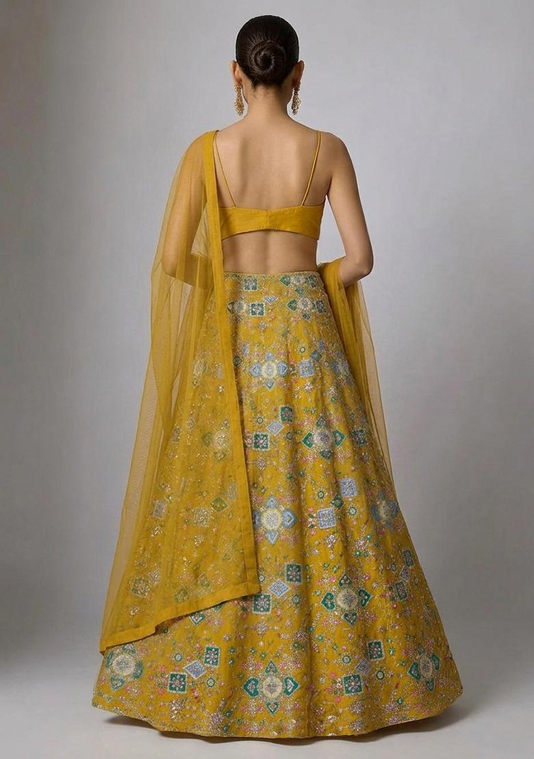 Yellow Printed Crepe Lehenga Set - Indya