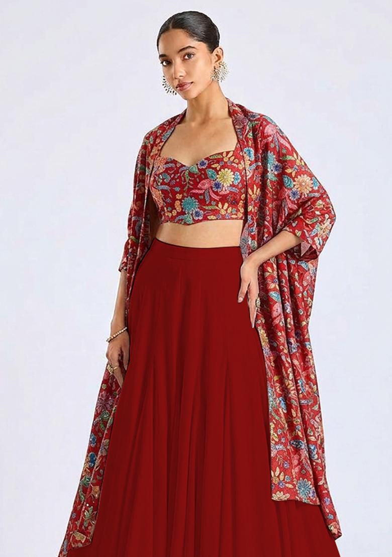 Red Printed Crepe Lehenga Set - Indya