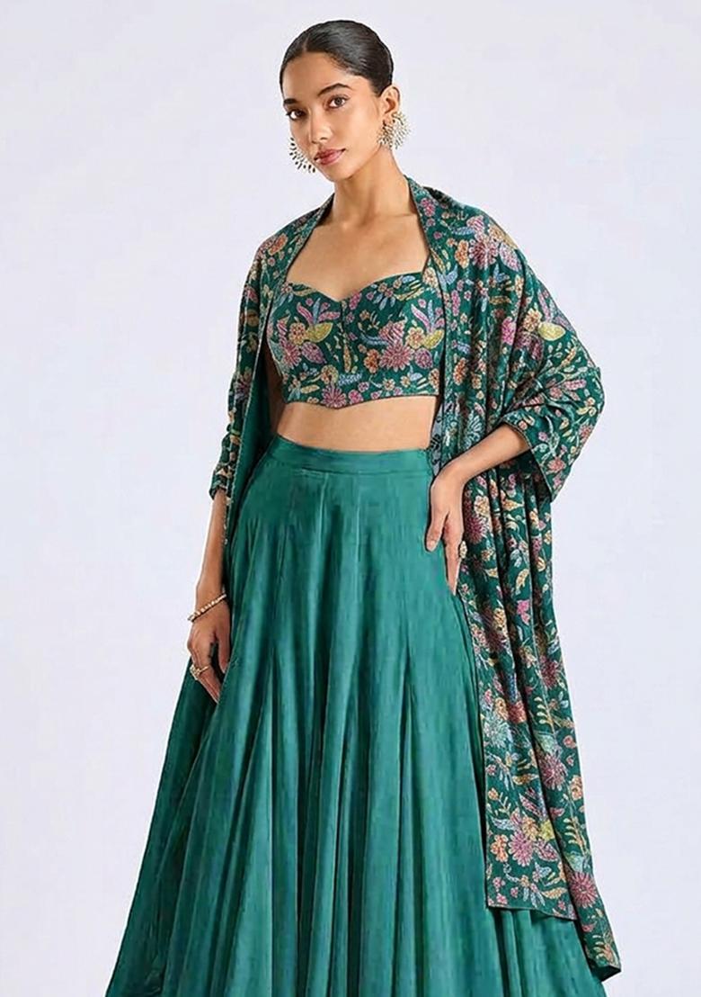 Teal Printed Crepe Lehenga Set - Indya