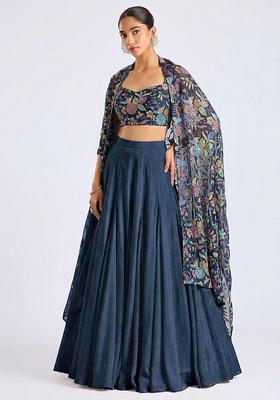 Dark Blue Printed Crepe Lehenga Set