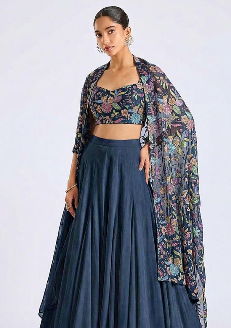 Dark Blue Printed Crepe Lehenga Set - Indya