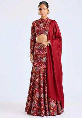 Red Printed Crepe Lehenga Set