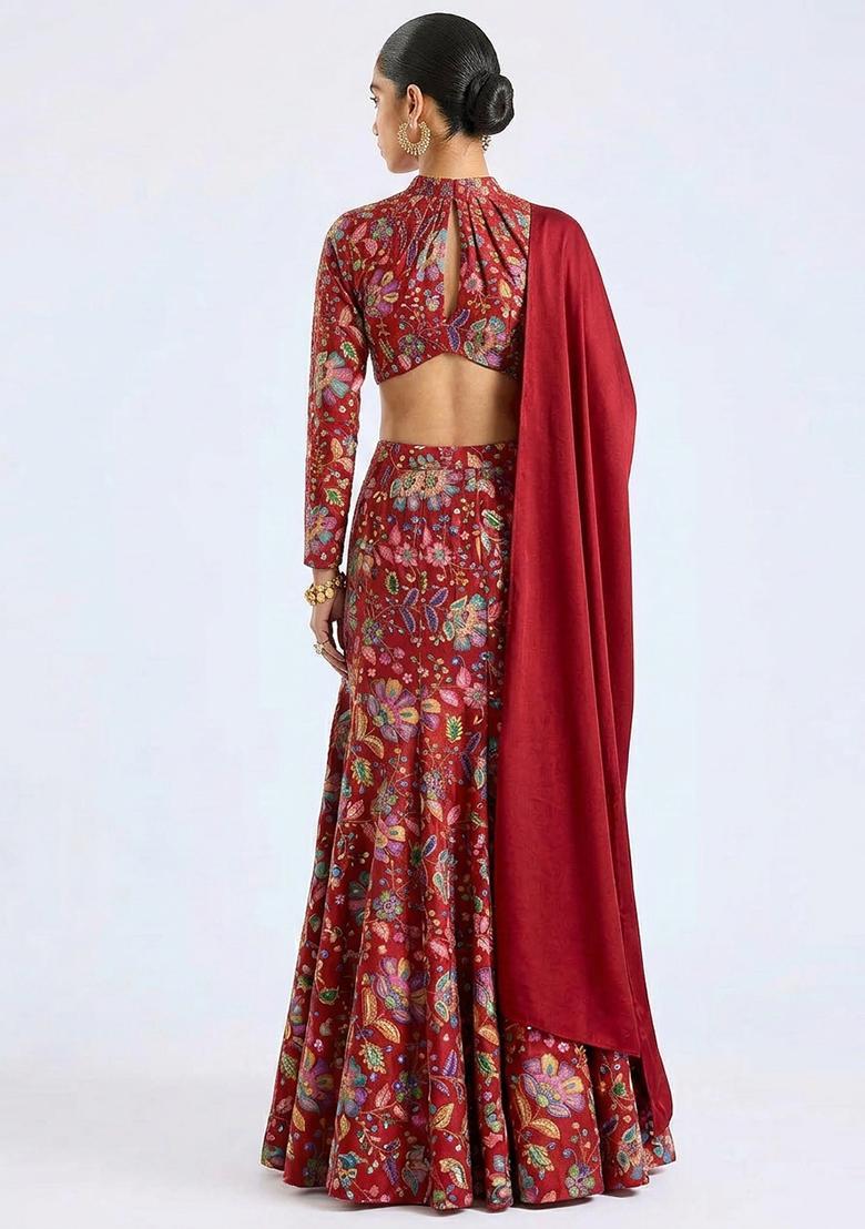 Red Printed Crepe Lehenga Set - Indya