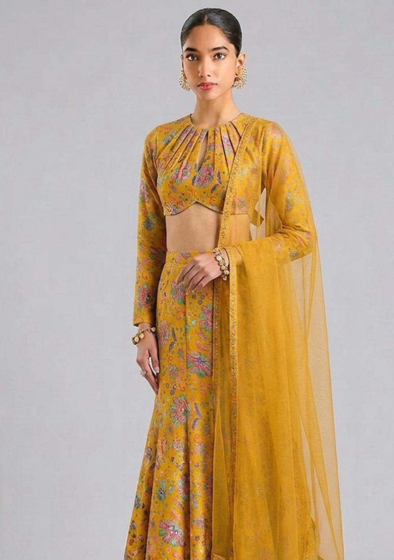 Yellow Printed Crepe Lehenga Set - Indya