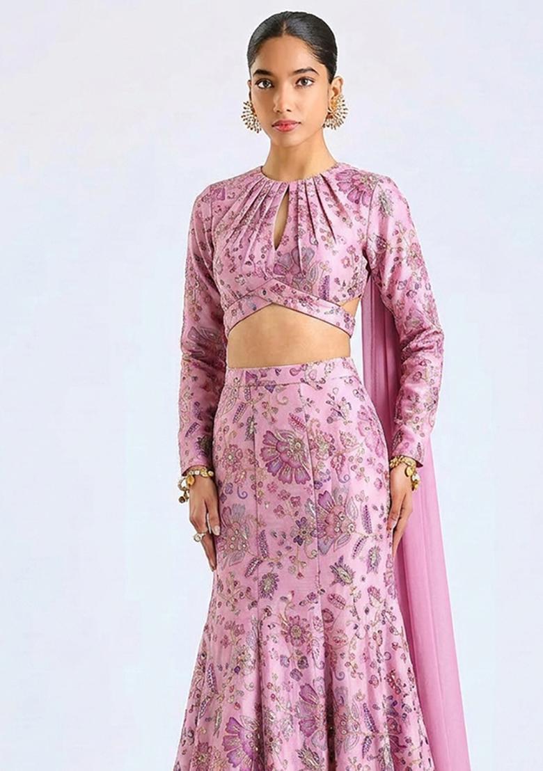 Pink Printed Crepe Lehenga Set - Indya