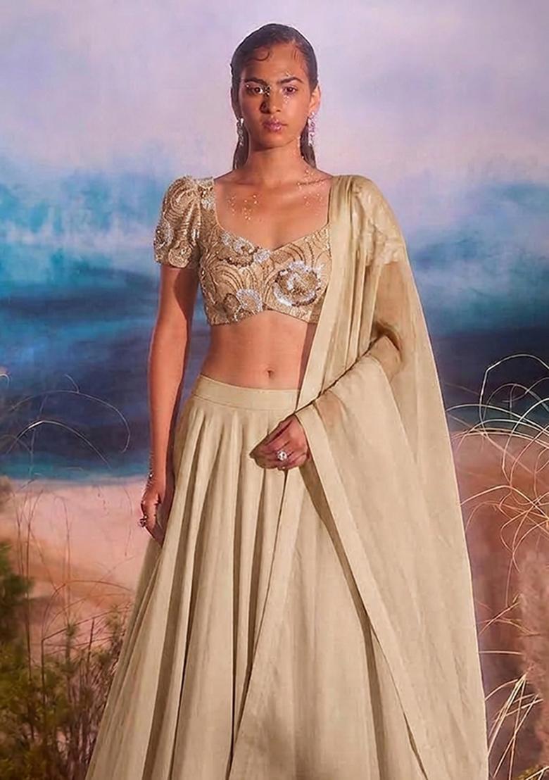 Beige Embroidered Net Lehenga Set - Indya