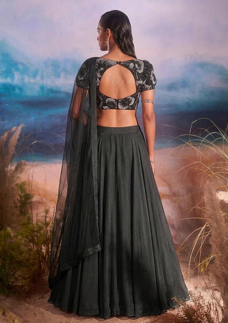 Dark Grey Embroidered Net Lehenga Set - Indya