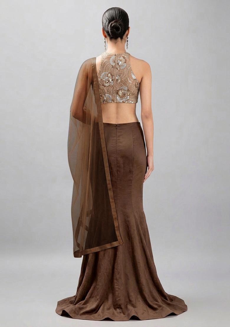 Brown Embroidered Net Fusion Set - Indya