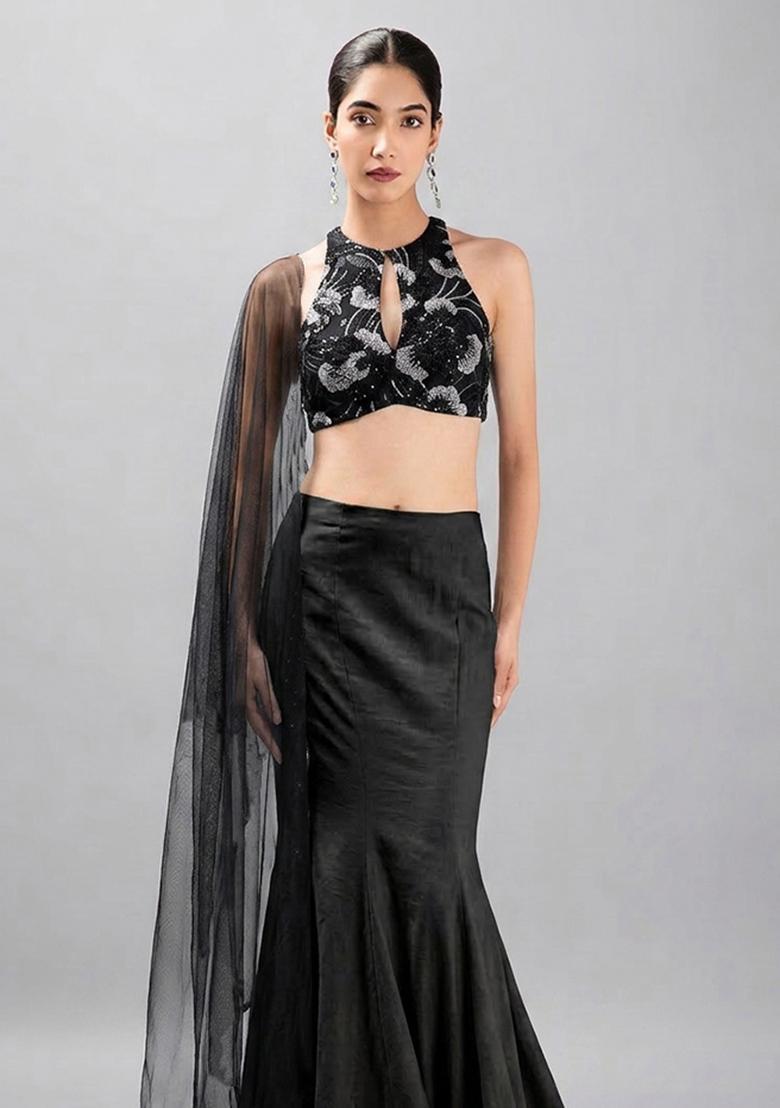 Black Embroidered Net Fusion Set - Indya