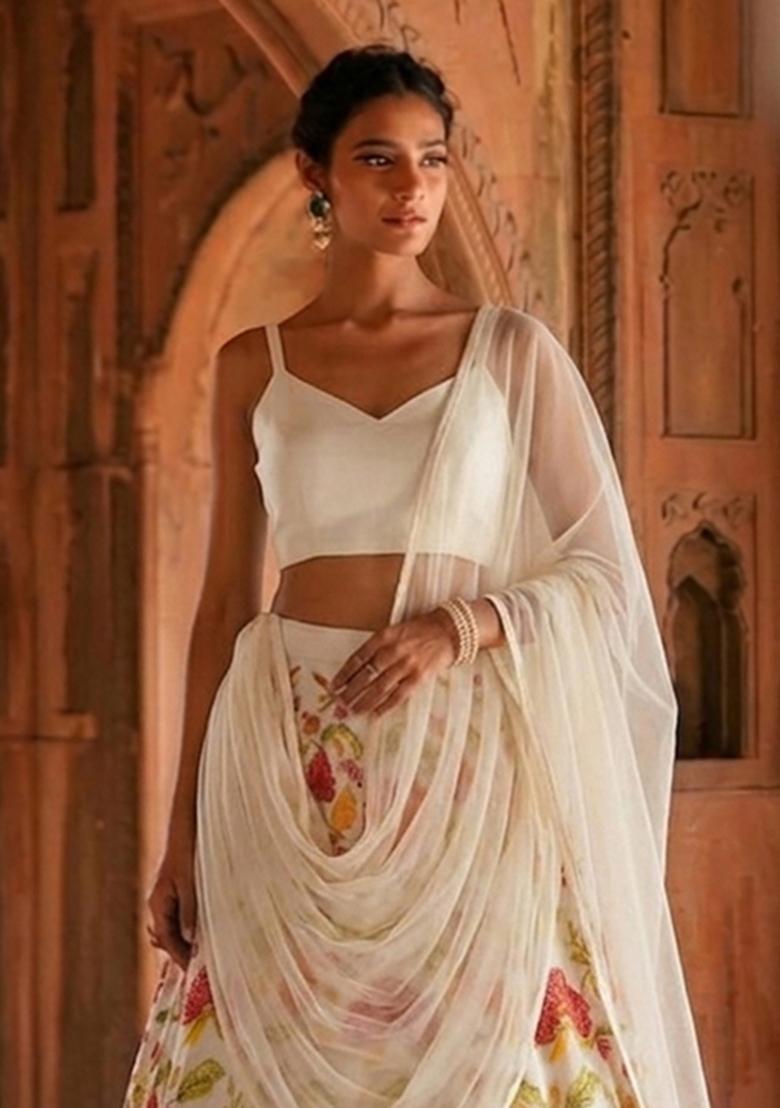 White Printed Organza Lehenga Set - Indya