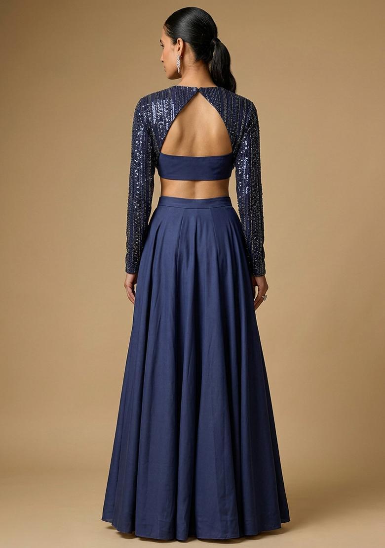 Dark Blue Sequin Net Lehenga Set - Indya