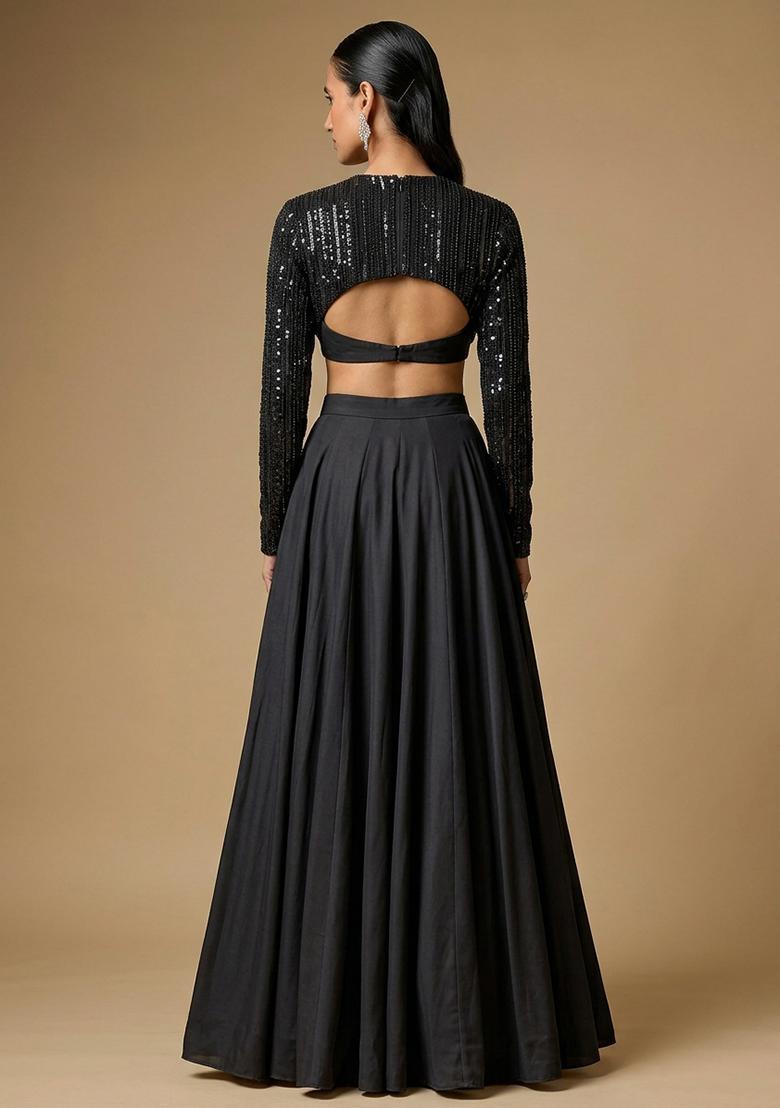 Black Sequin Net Lehenga Set - Indya
