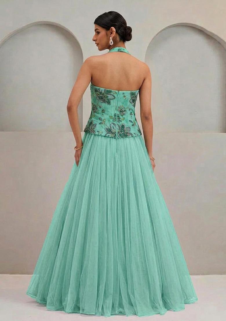 Sea Green Printed Organza Lehenga Set - Indya
