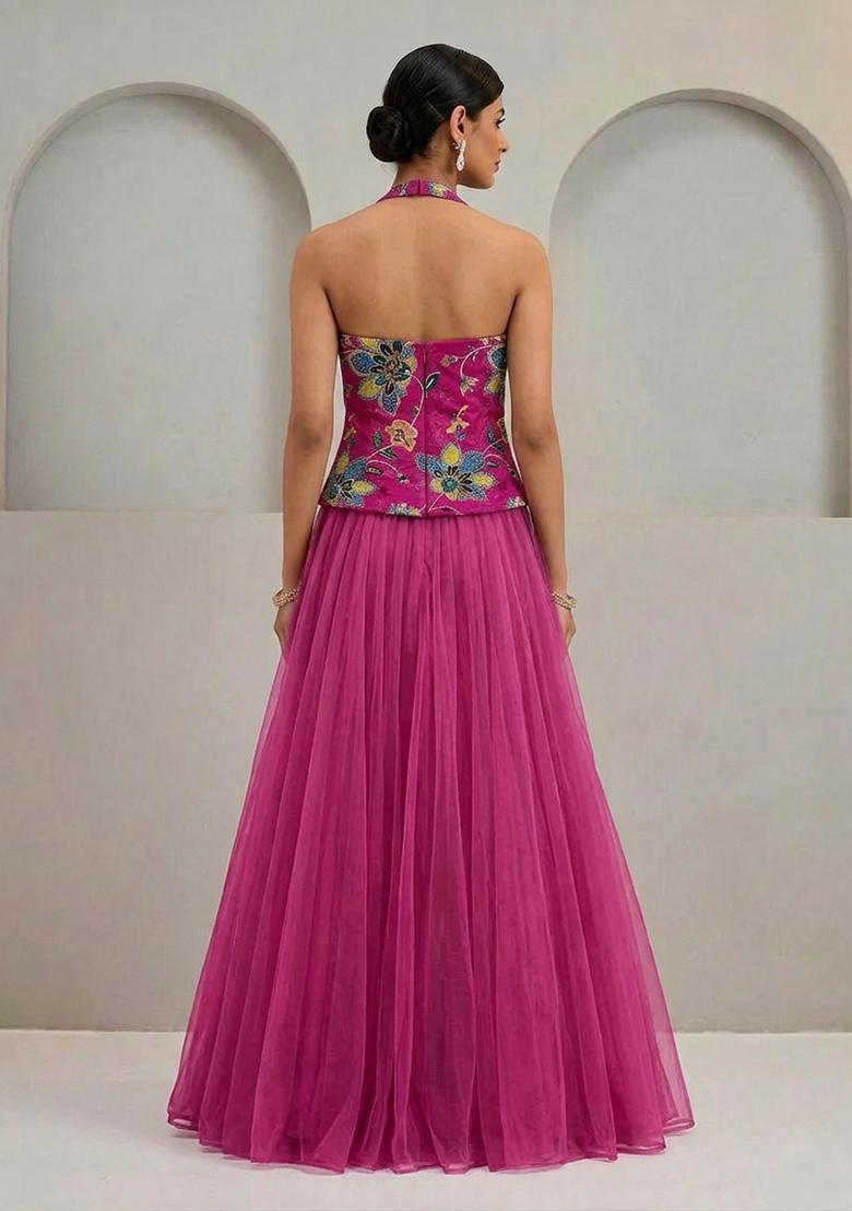 Magenta Printed Organza Lehenga Set - Indya